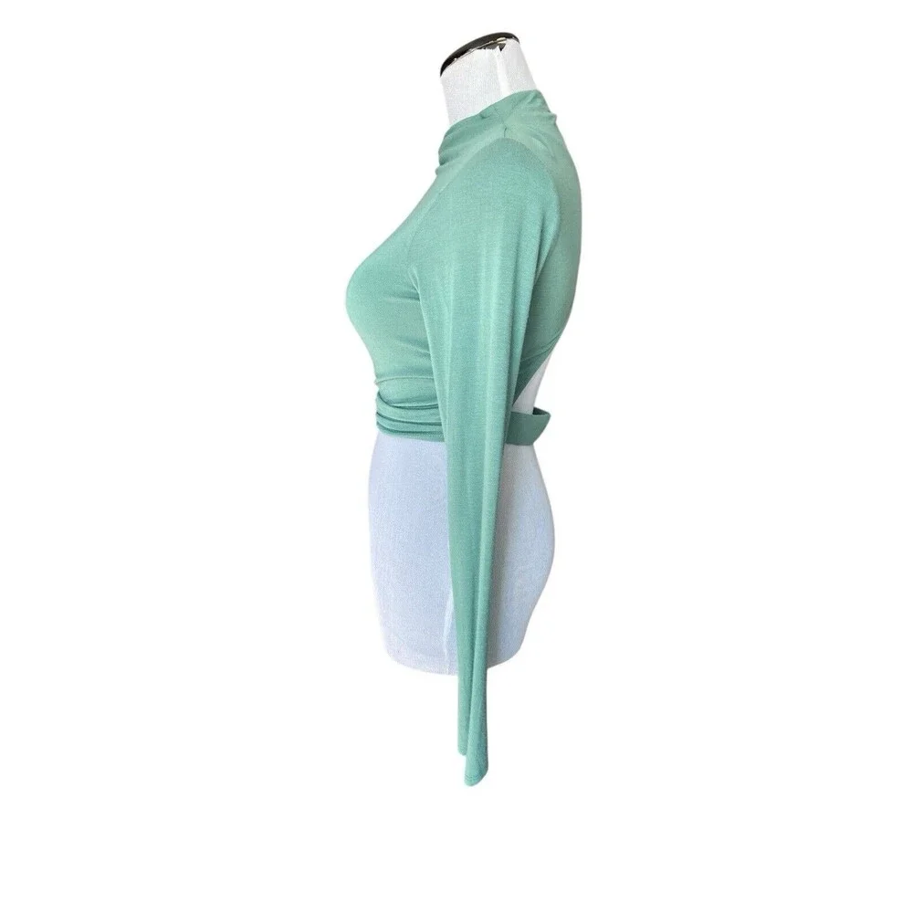 Free People Beach Womens Cierra Long Sleeve Crop Top Size S Green Open Back Mock